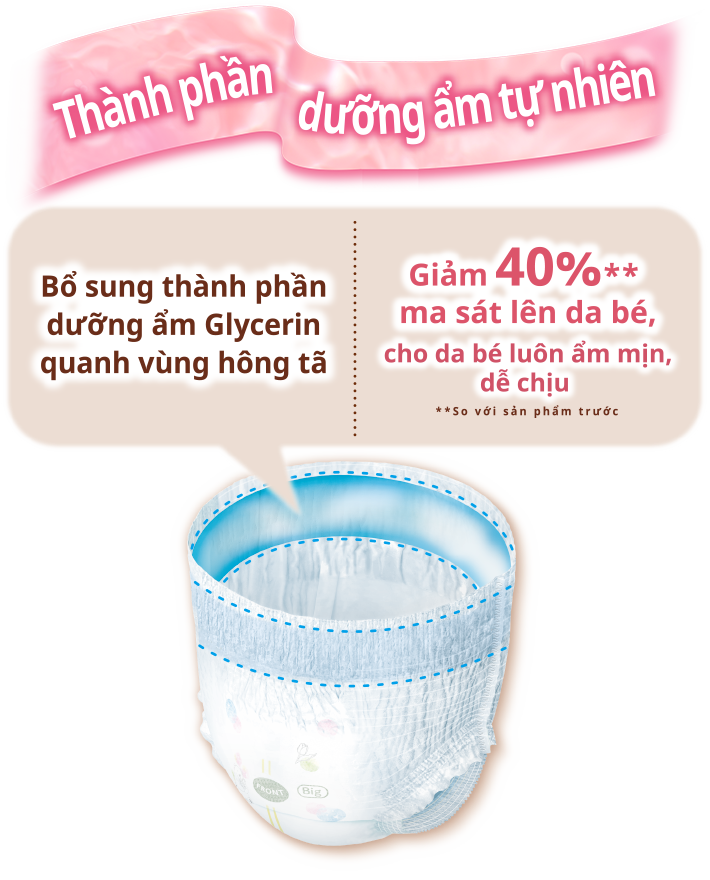 Th&agrave;nh phần dưỡng ẩm tự nhi&ecirc;n, Bổ sung th&agrave;nh phần dưỡng ẩm Glycerin quanh v&ugrave;ng h&ocirc;ng t&atilde;, Giảm 40%** ma s&aacute;t l&ecirc;n da b&eacute;, cho da b&eacute; lu&ocirc;n ẩm mịn, dễ chịu
