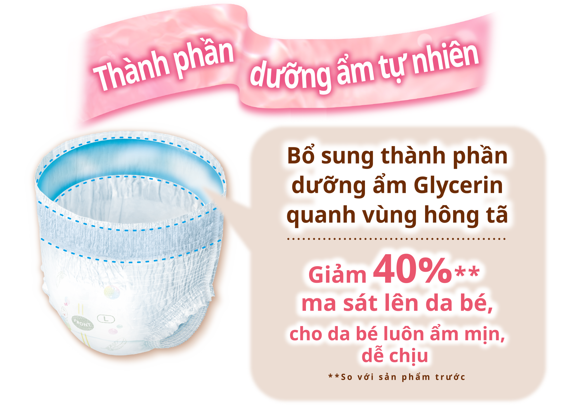Th&agrave;nh phần dưỡng ẩm tự nhi&ecirc;n, Bổ sung th&agrave;nh phần dưỡng ẩm Glycerin quanh v&ugrave;ng h&ocirc;ng t&atilde;, Giảm 40%** ma s&aacute;t l&ecirc;n da b&eacute;, cho da b&eacute; lu&ocirc;n ẩm mịn, dễ chịu