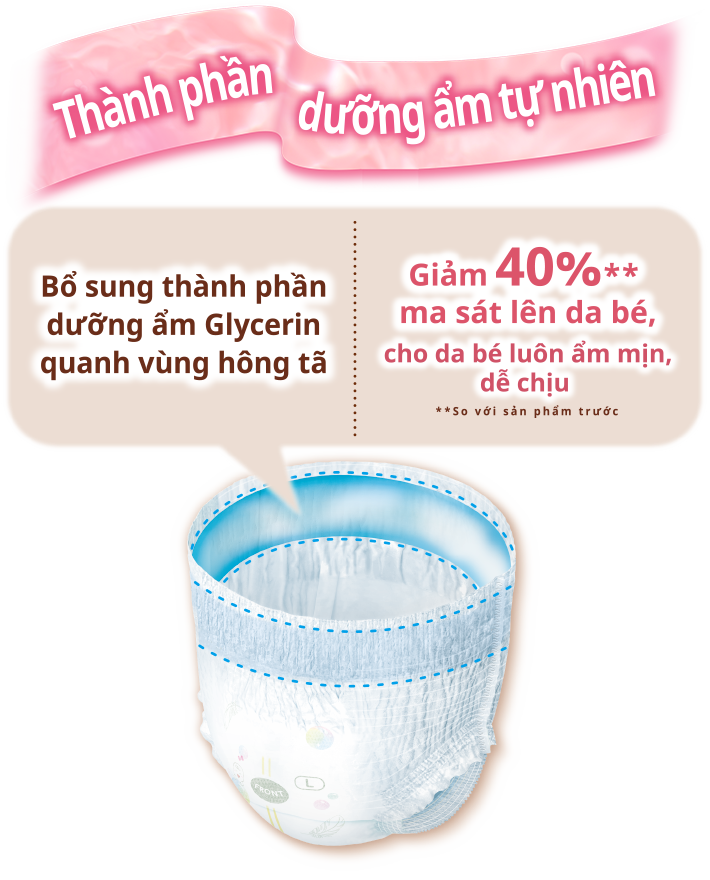 Th&agrave;nh phần dưỡng ẩm tự nhi&ecirc;n, Bổ sung th&agrave;nh phần dưỡng ẩm Glycerin quanh v&ugrave;ng h&ocirc;ng t&atilde;, Giảm 40%** ma s&aacute;t l&ecirc;n da b&eacute;, cho da b&eacute; lu&ocirc;n ẩm mịn, dễ chịu